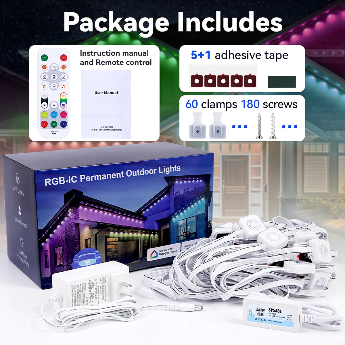 100ft 60-Light Smart RGB LED Eaves Lighting LED light strip - 75 Color Modes, Remote & App Control, Waterproof Outdoor Dec