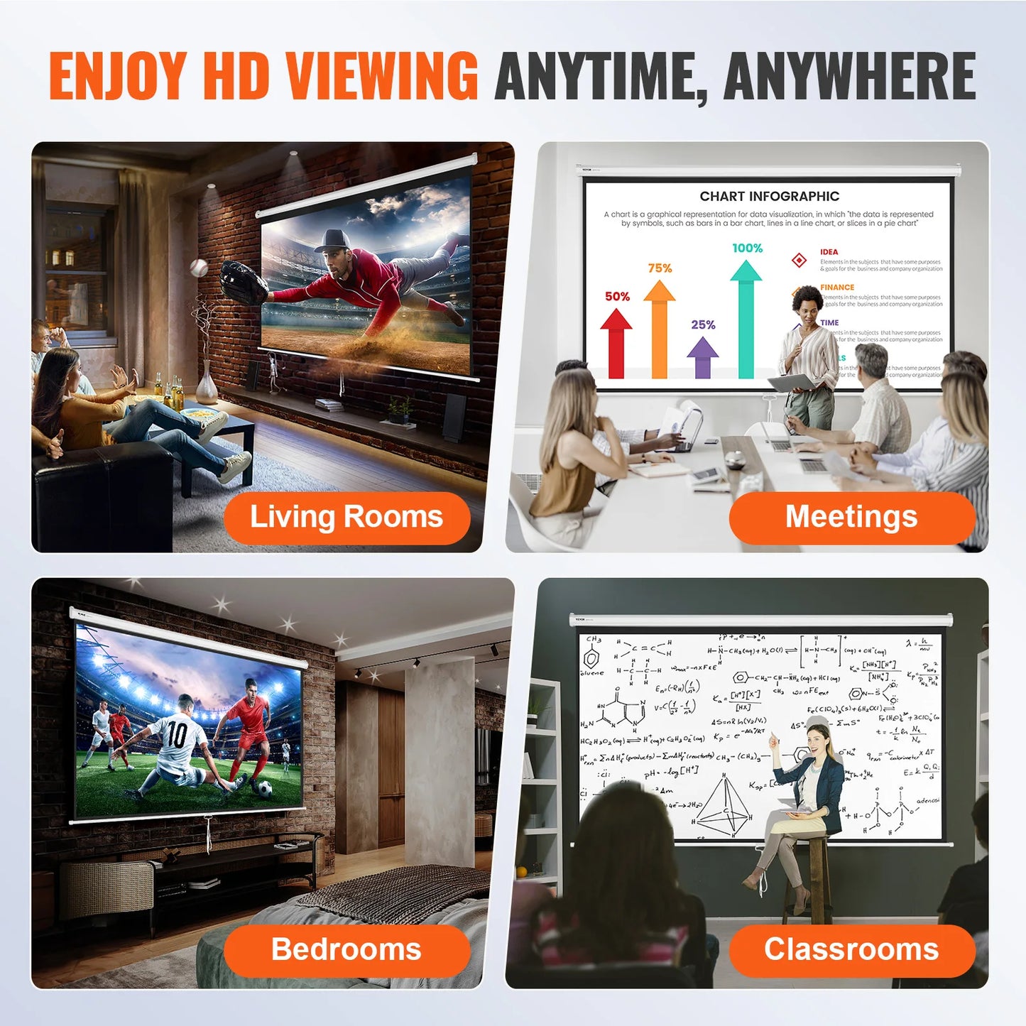 SucceBuy Manual Pull Down Projector Screen 100 inch 16:9 4K 1080 HD Retractable Projector Screen for Family Home Office Theater