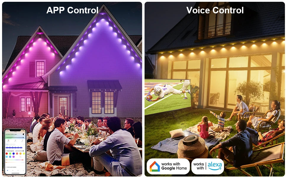 100ft 60-Light Smart RGB LED Eaves Lighting LED light strip - 75 Color Modes, Remote & App Control, Waterproof Outdoor Dec