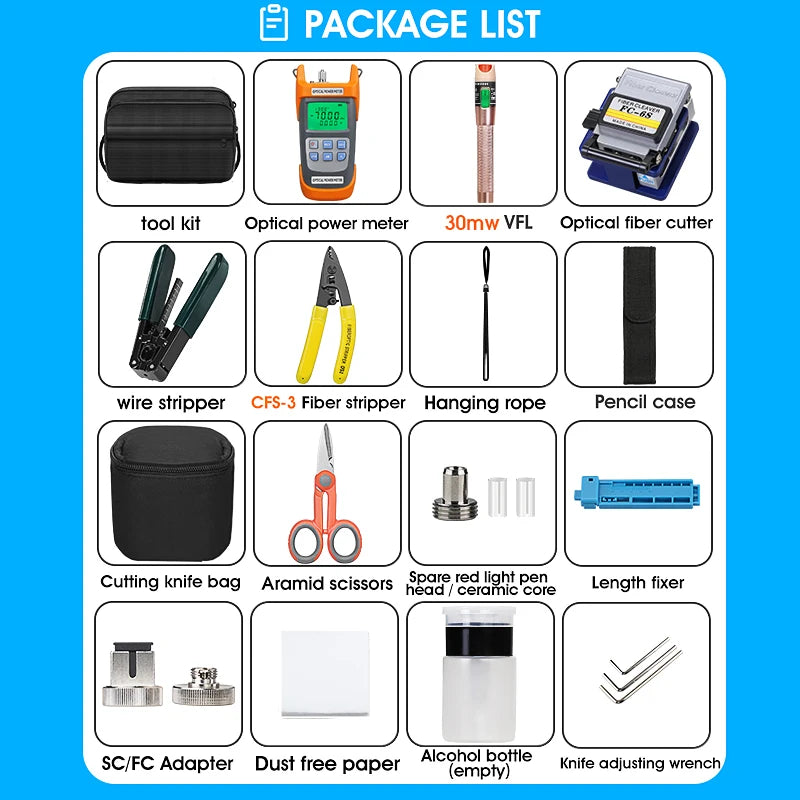 Fiber Optic Tool Kit With FC-6S Fiber Cleaver Optical power meter(OPM) 30mw Visual fault locator(VFL) Fiber Stripper FTTH Tools