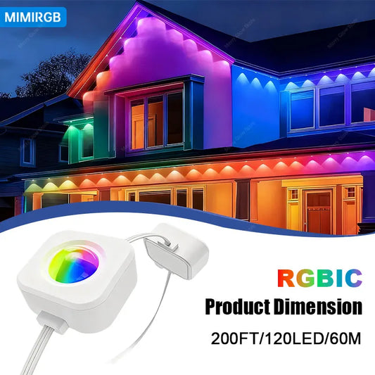 Smart RGBIC Outdoor String Lights 200FT/60M for Eaves,DIY Multi-Color Lighting App Control for Halloween & Christmas Decorations