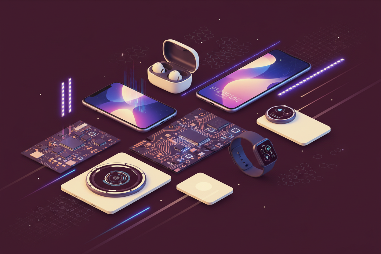 Create me a techno theme background image using electronic products. Incorporate the color 55212E and F1EDAC